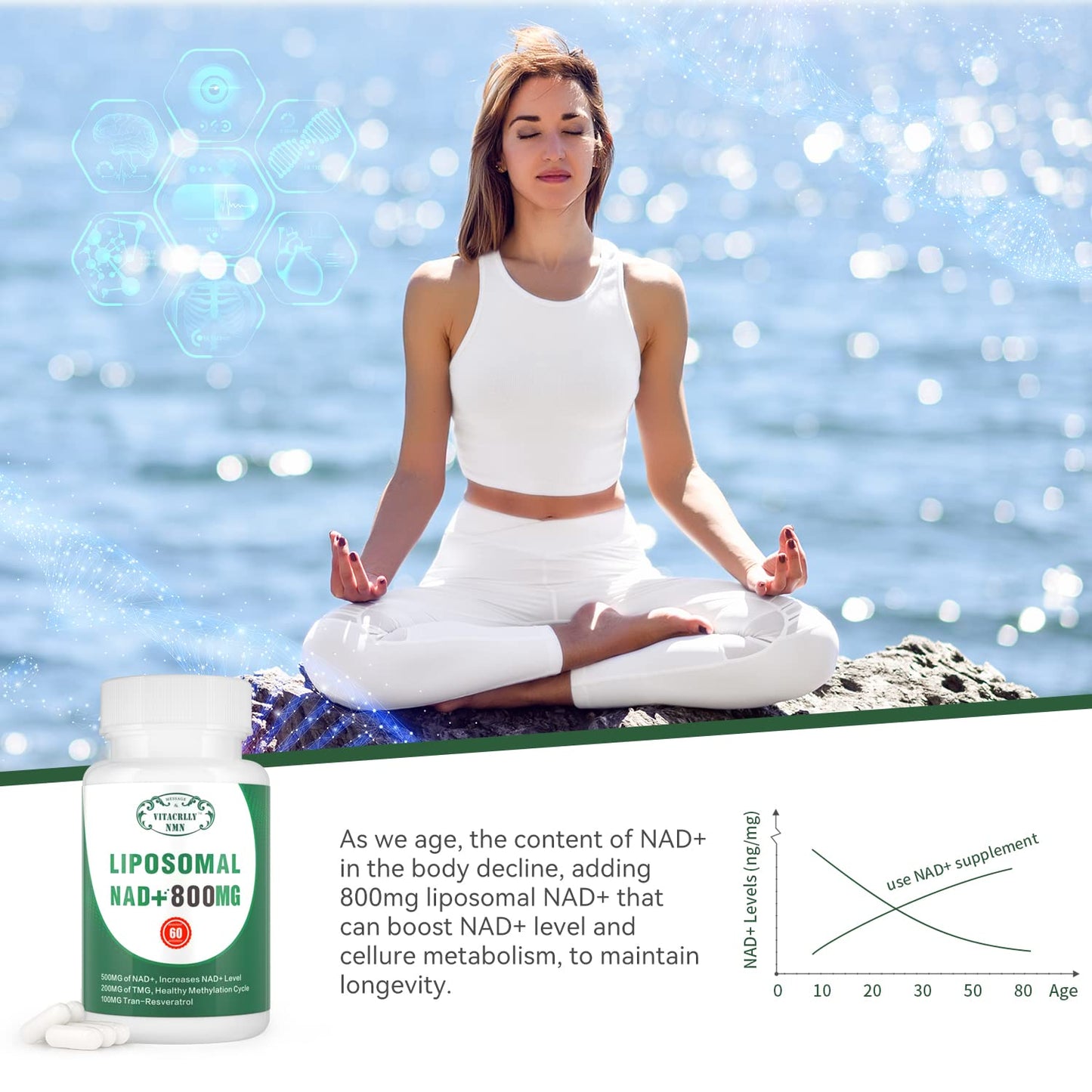 Suplemento liposomal NAD+ VITACRLLYNMN frascos en paquete
