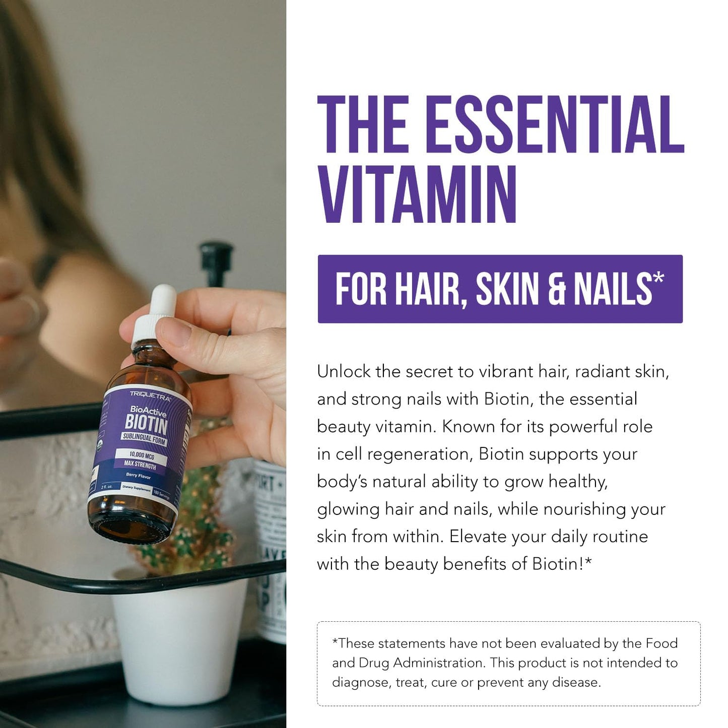 Suplemento líquido biotina Triquetra Health apoyo piel y uñas