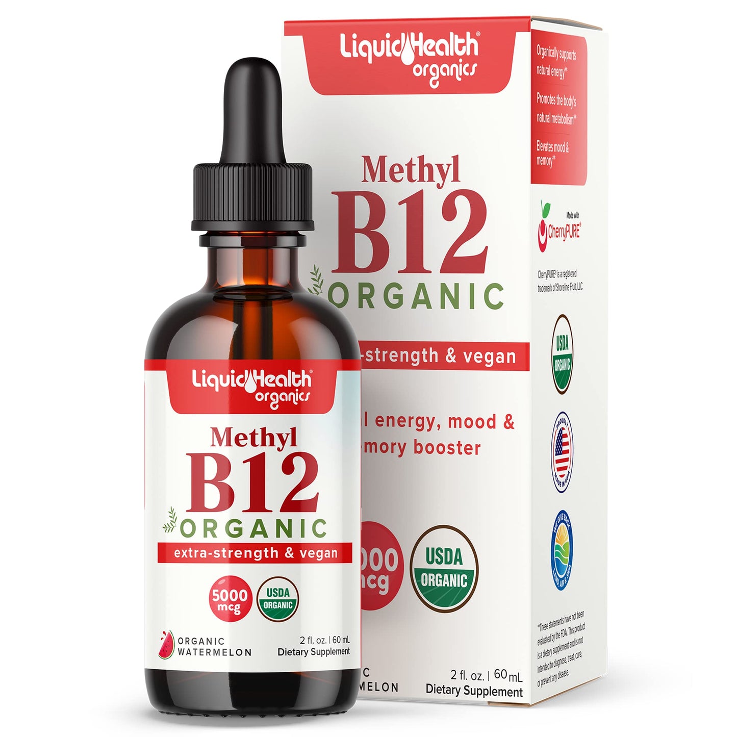 Suplemento líquido con vitamina B12 y jugo de cereza orgánico