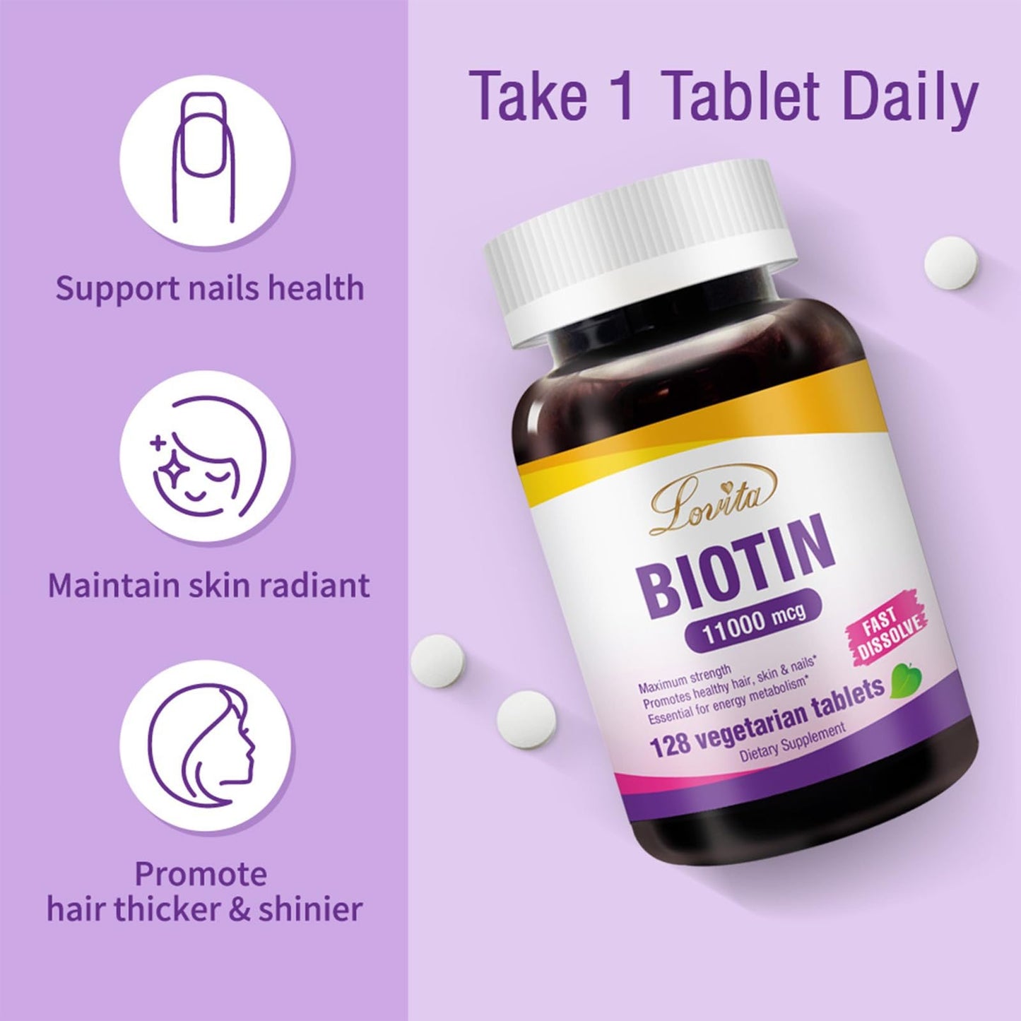 Suplemento Lovita biotina para cabello piel y uñas vegano