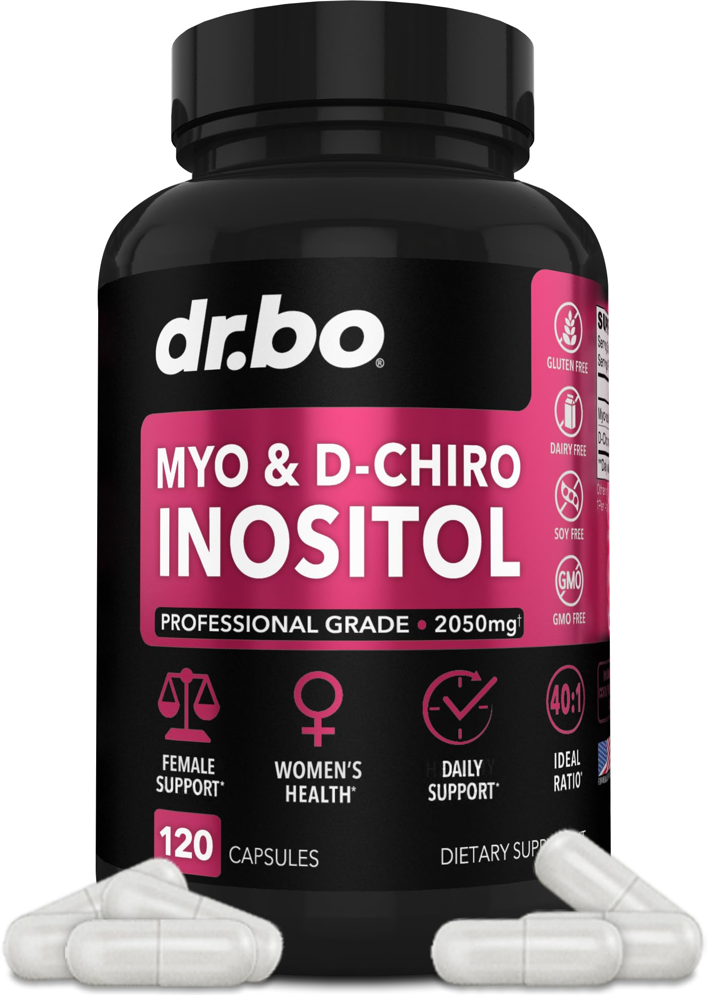 Frasco de suplemento de mio-inositol y d-chiro inositol para mujeres