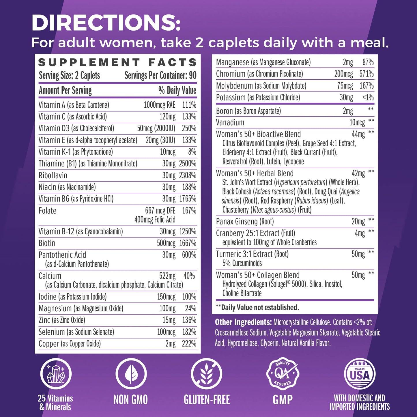 Suplemento multivitamínico con vitaminas y minerales para menopausia.