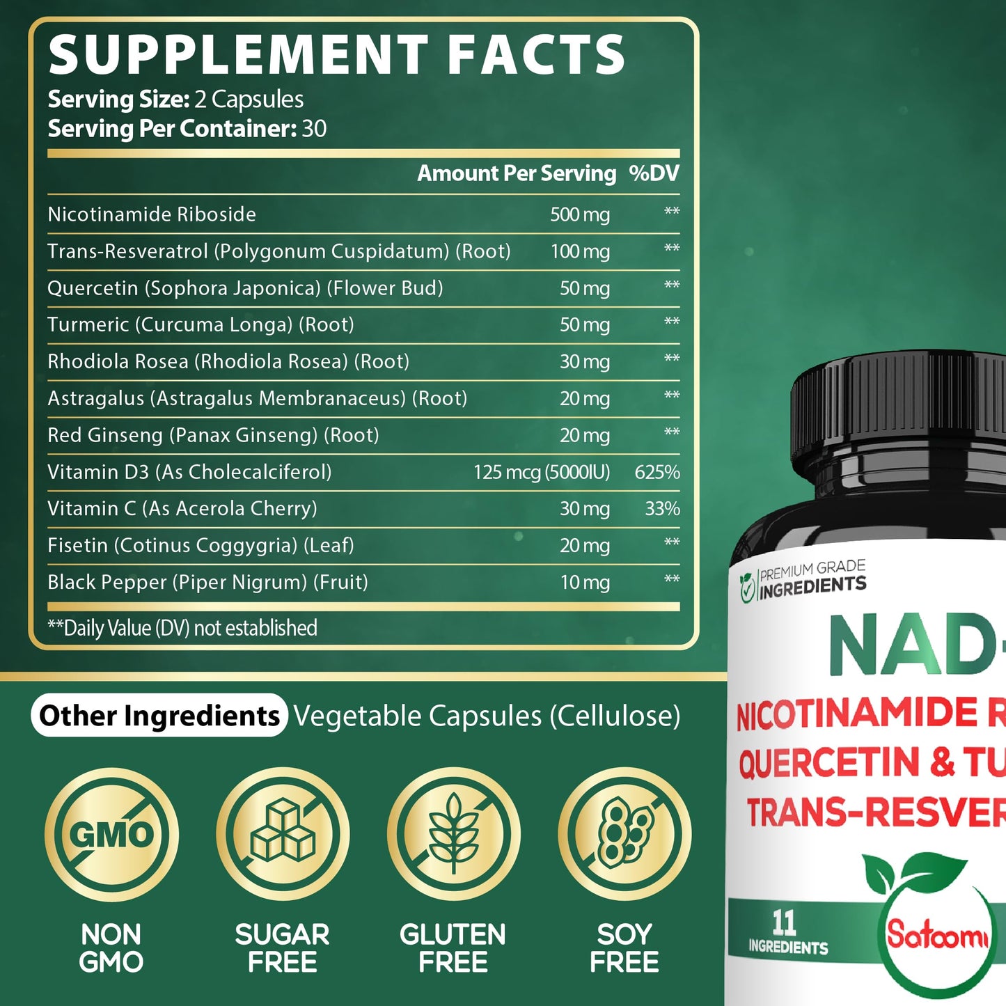 Suplemento NAD+ Satoomi fórmula con 11 ingredientes potentes