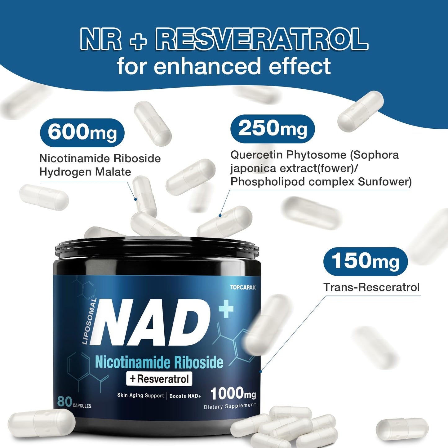 suplemento nad+ topcapak ribósido nicotinamida resveratrol frasco 2