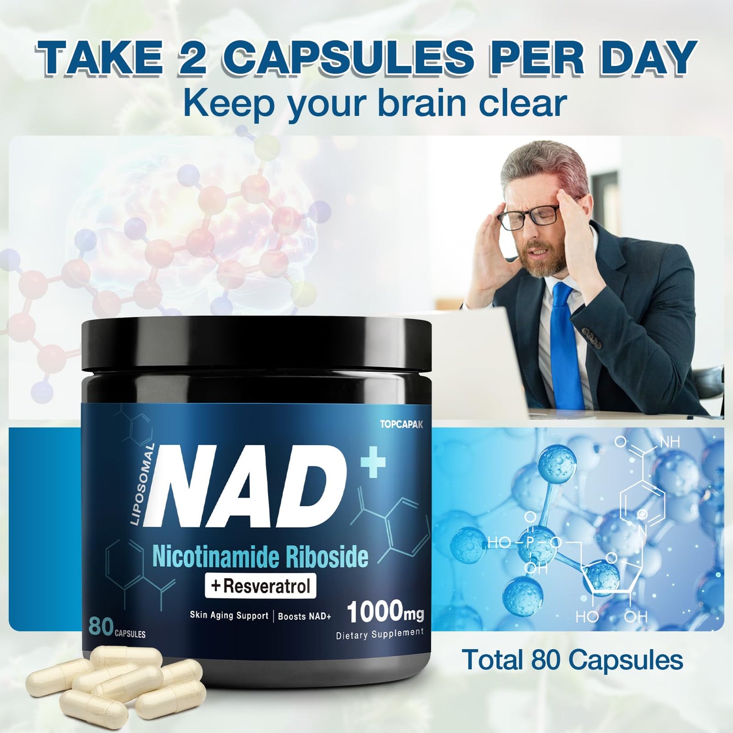 suplemento nad+ topcapak ribósido nicotinamida resveratrol frasco 4