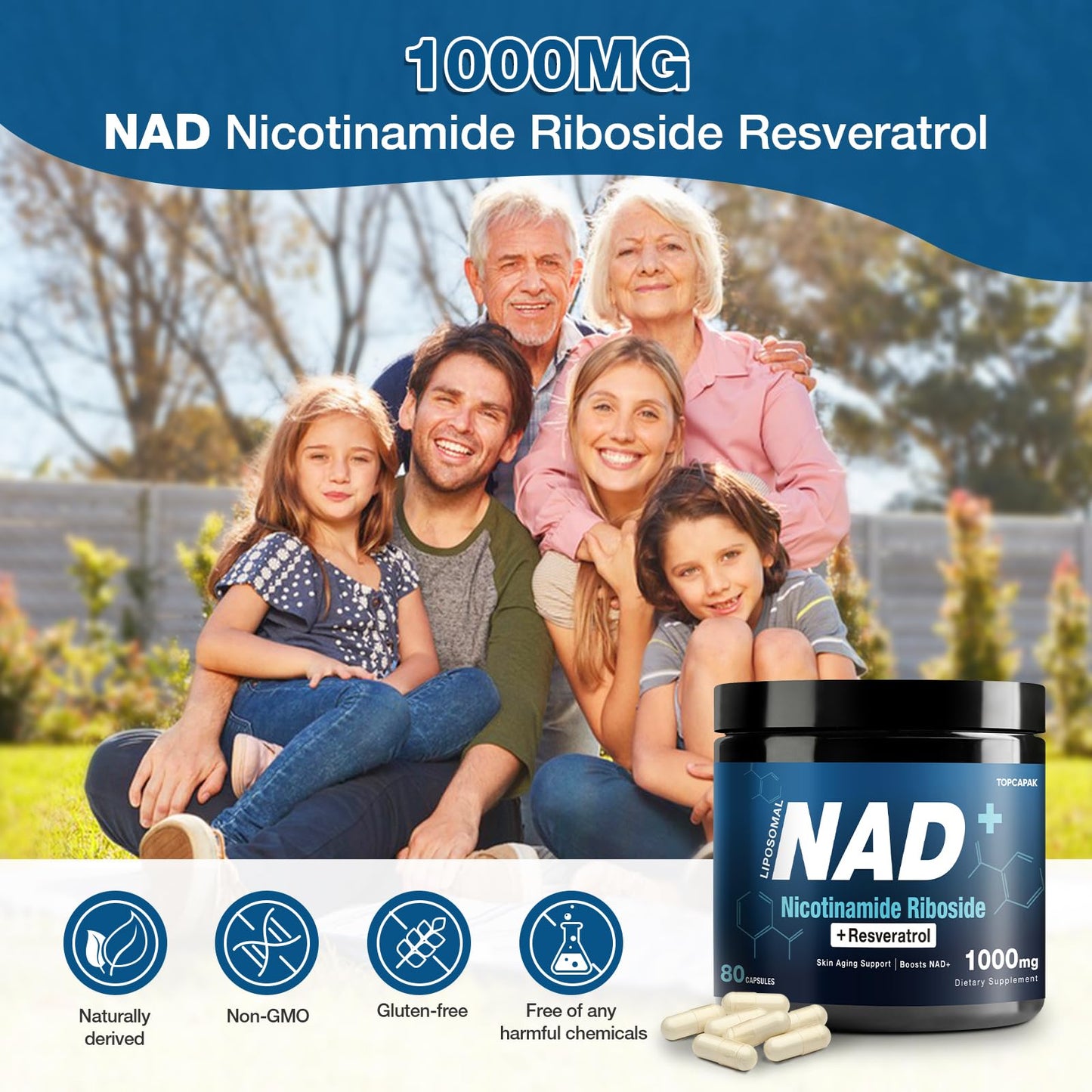 suplemento nad+ topcapak ribósido nicotinamida resveratrol frasco 5