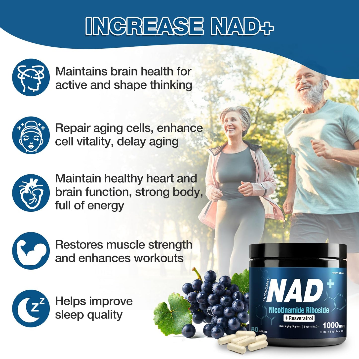 suplemento nad+ topcapak ribósido nicotinamida resveratrol frasco 6