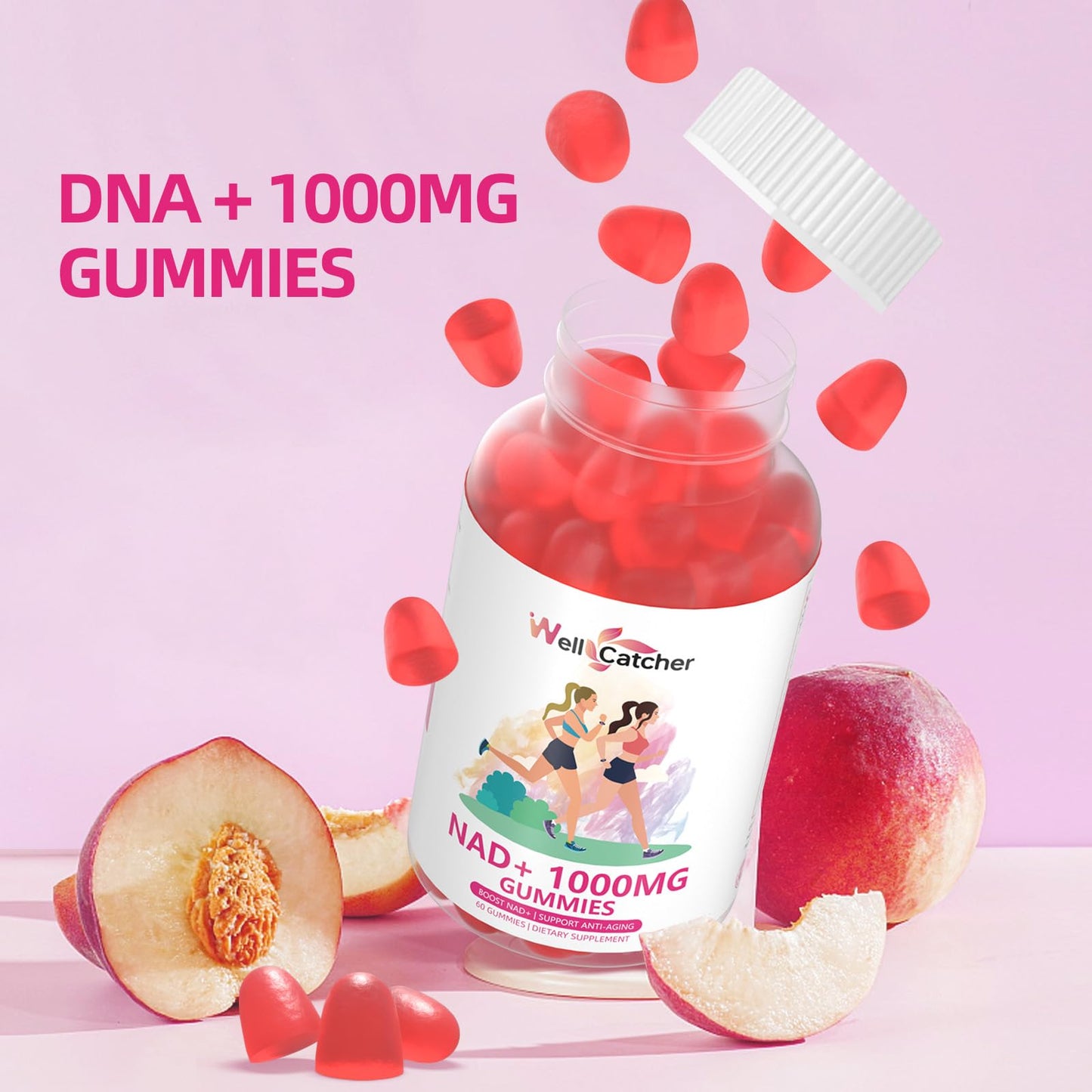 Suplemento NAD+ vegano y no GMO con 60 gominolas sabor durazno