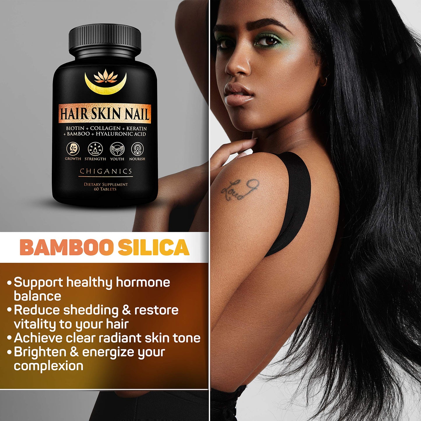 Suplemento natural Chiganics con ácido hialurónico y alfa lipoico para piel