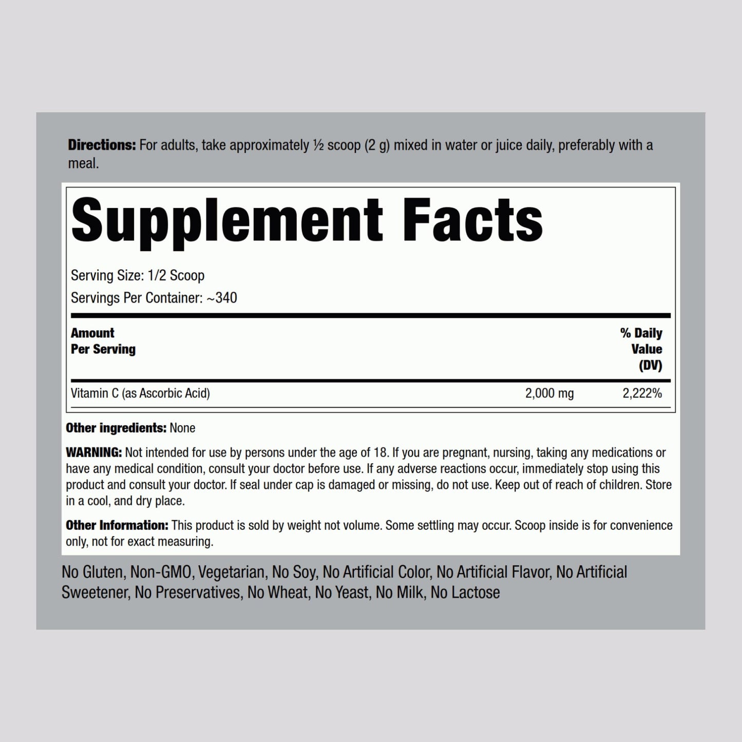 Suplemento natural polvo vitamina c Piping Rock 24oz
