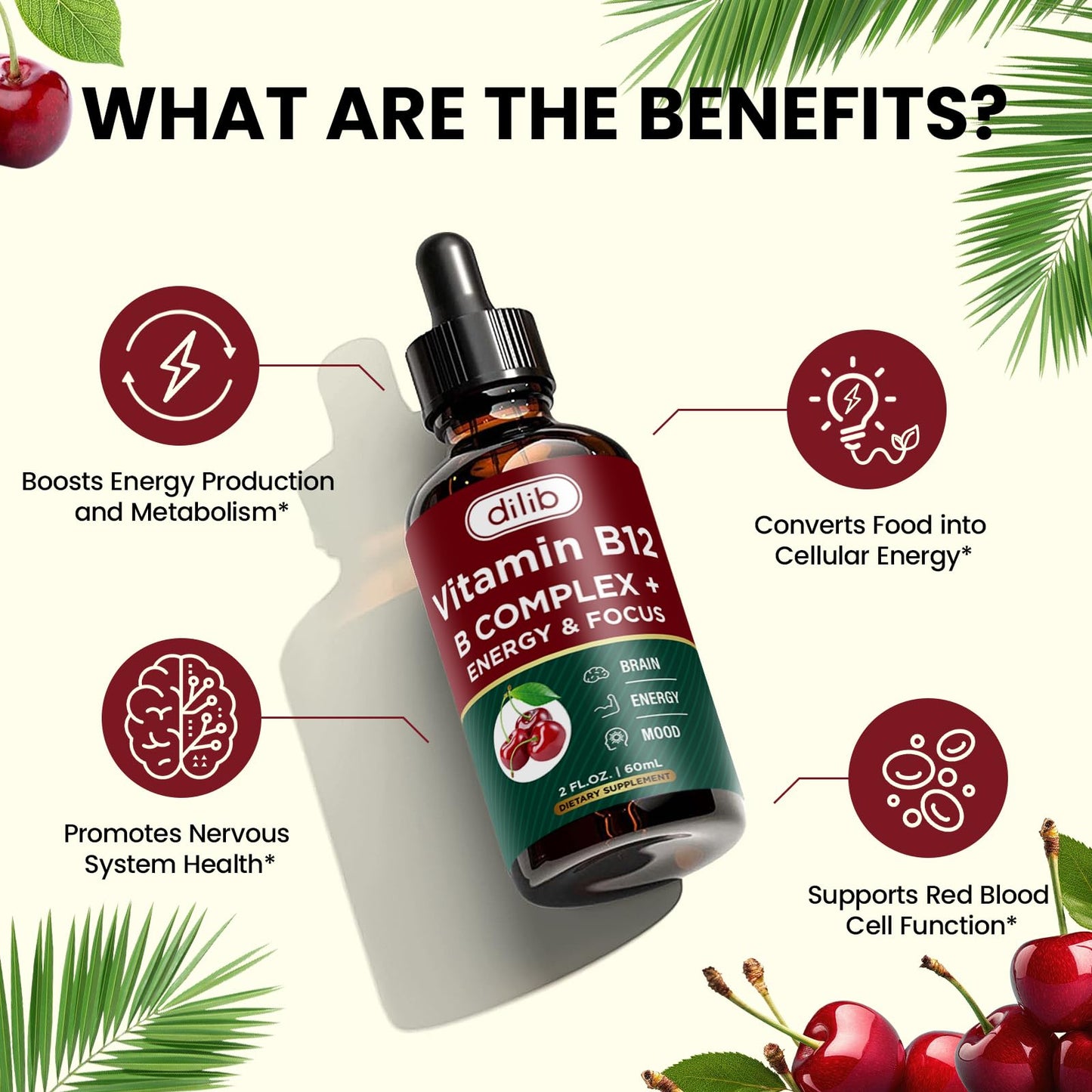 Suplemento natural de vitamina B12 líquida para energía y metabolismo