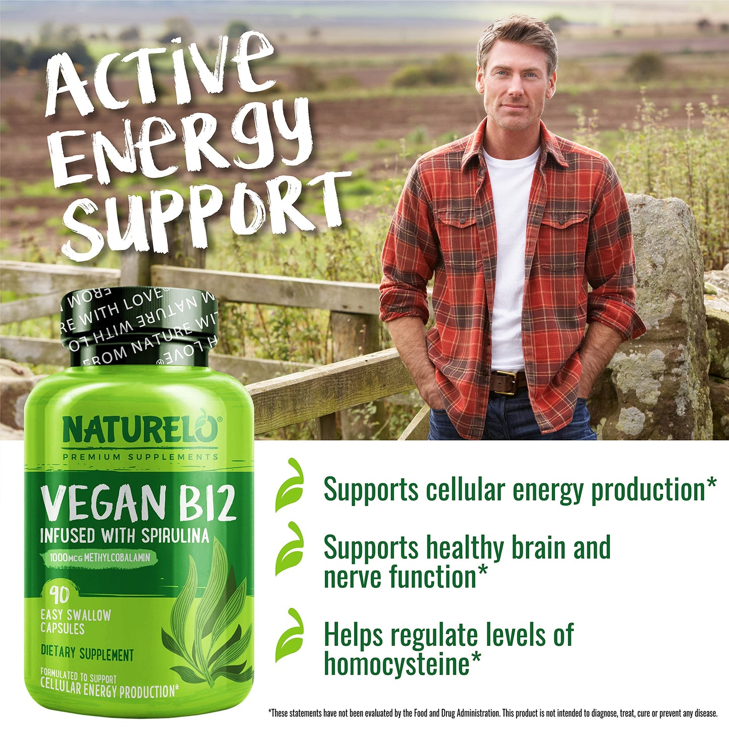 Suplemento naturelo vitamina b12 para veganos empaque frontal
