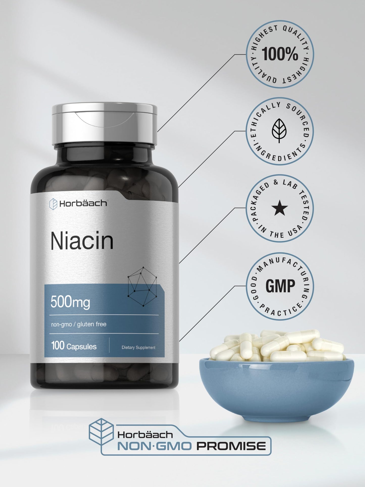 Suplemento niacina 500mg Horbäach cápsulas alta pureza