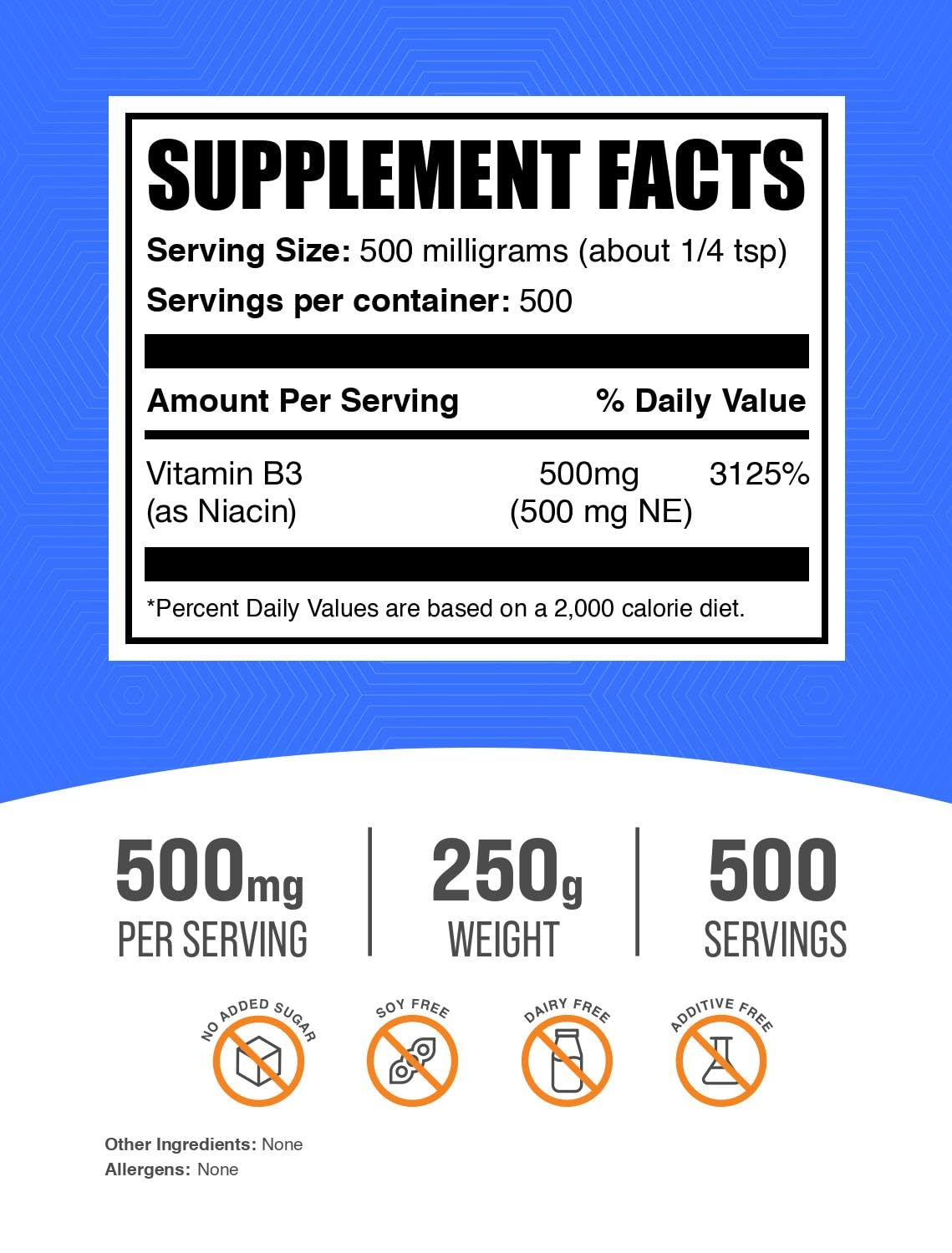 Suplemento niacina 500mg sin gluten BulkSupplements polvo