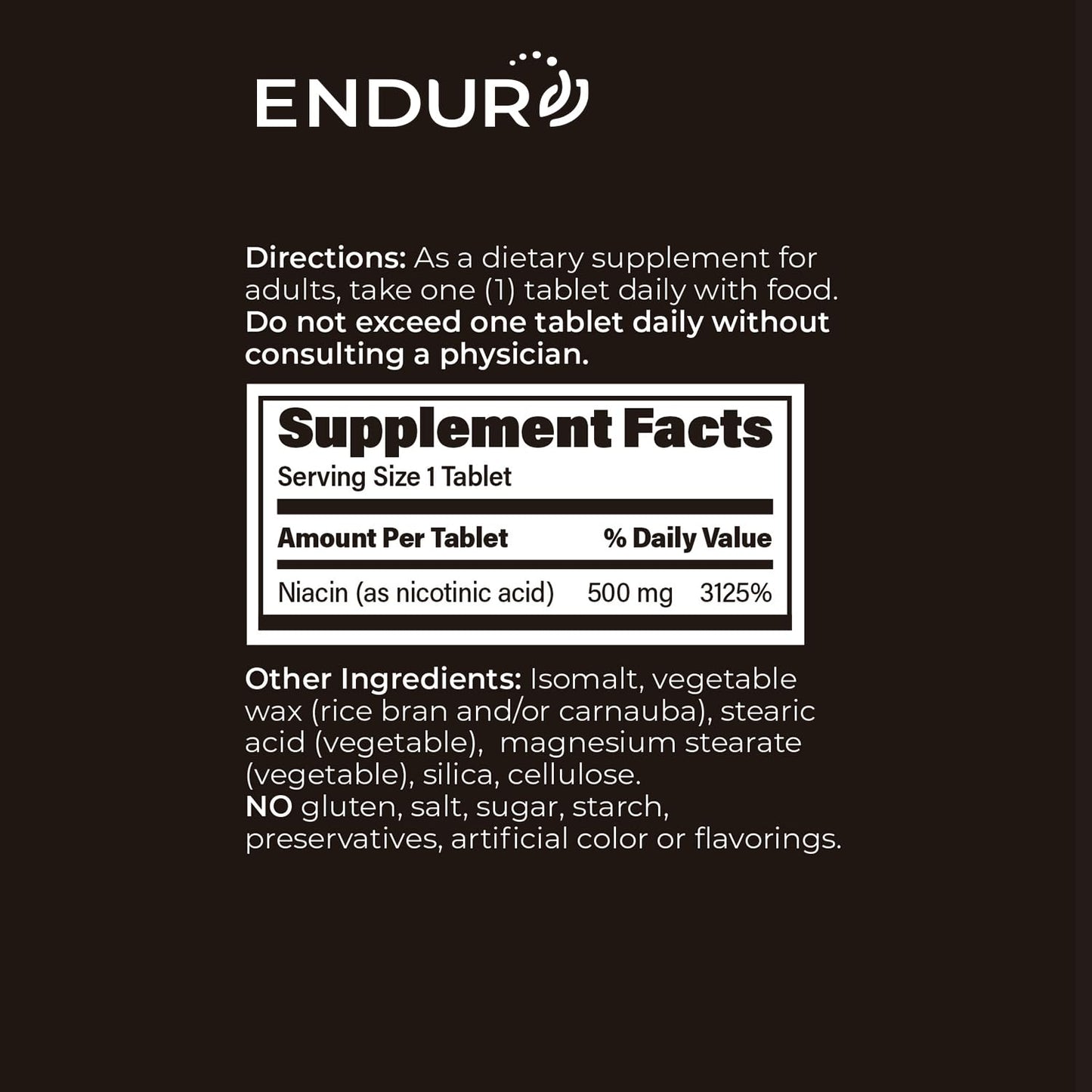 Suplemento niacina Endurance B3 500 mg 100 tabletas
