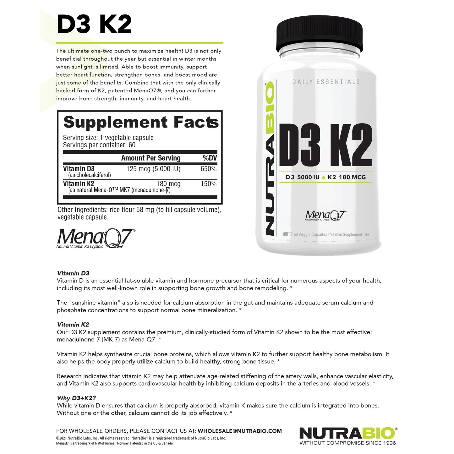 Suplemento NutraBio Vitamina D3 y K2 para salud ósea y cardiovascular