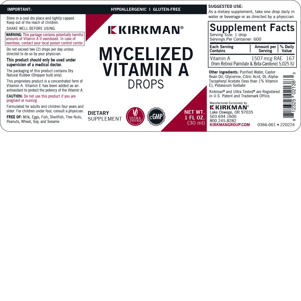 Suplemento nutricional Kirkman etiquetas