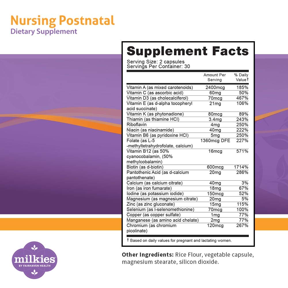 Tabla de información nutricional del suplemento postnatal Fairhaven Health.