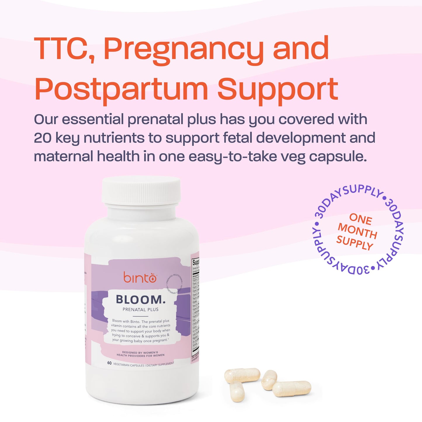 Suplemento prenatal Binto Bloom hierro y folato metilado