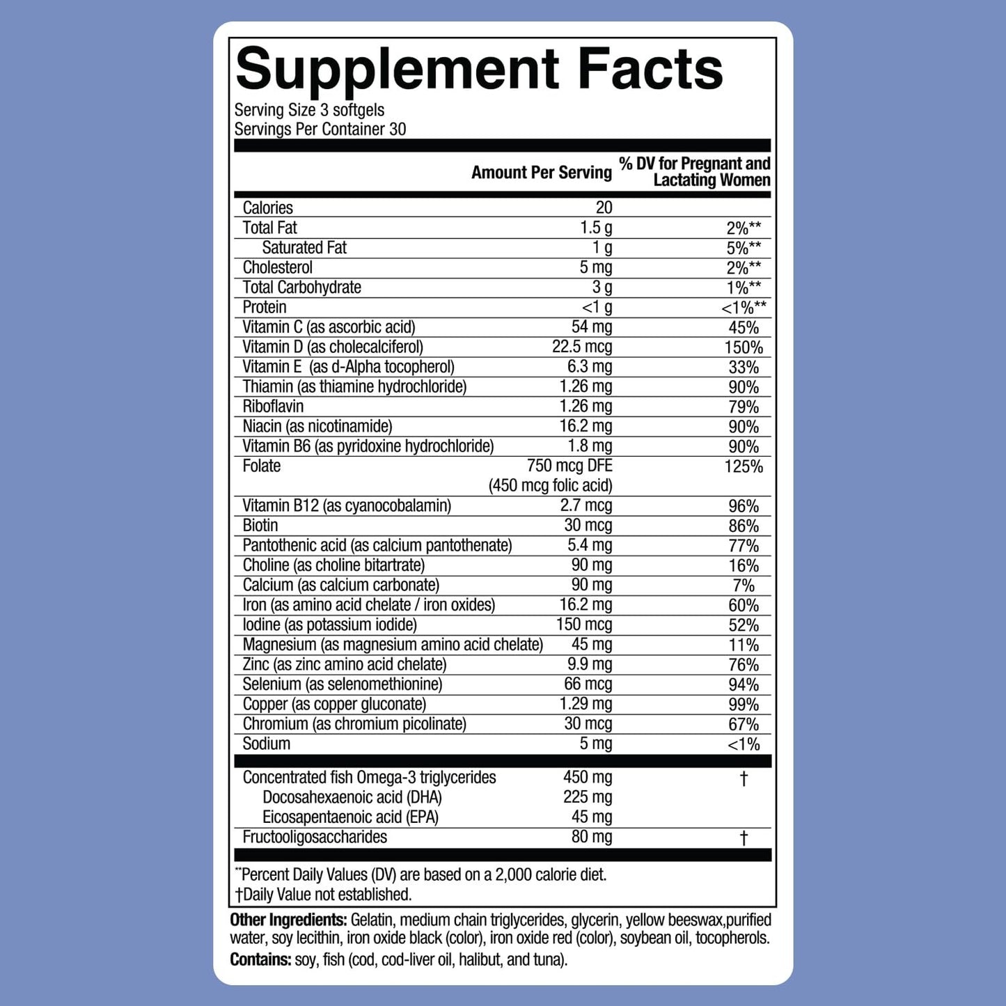 Rótulo de suplemento prenatal Biostime con omega 3 EPA y DHA