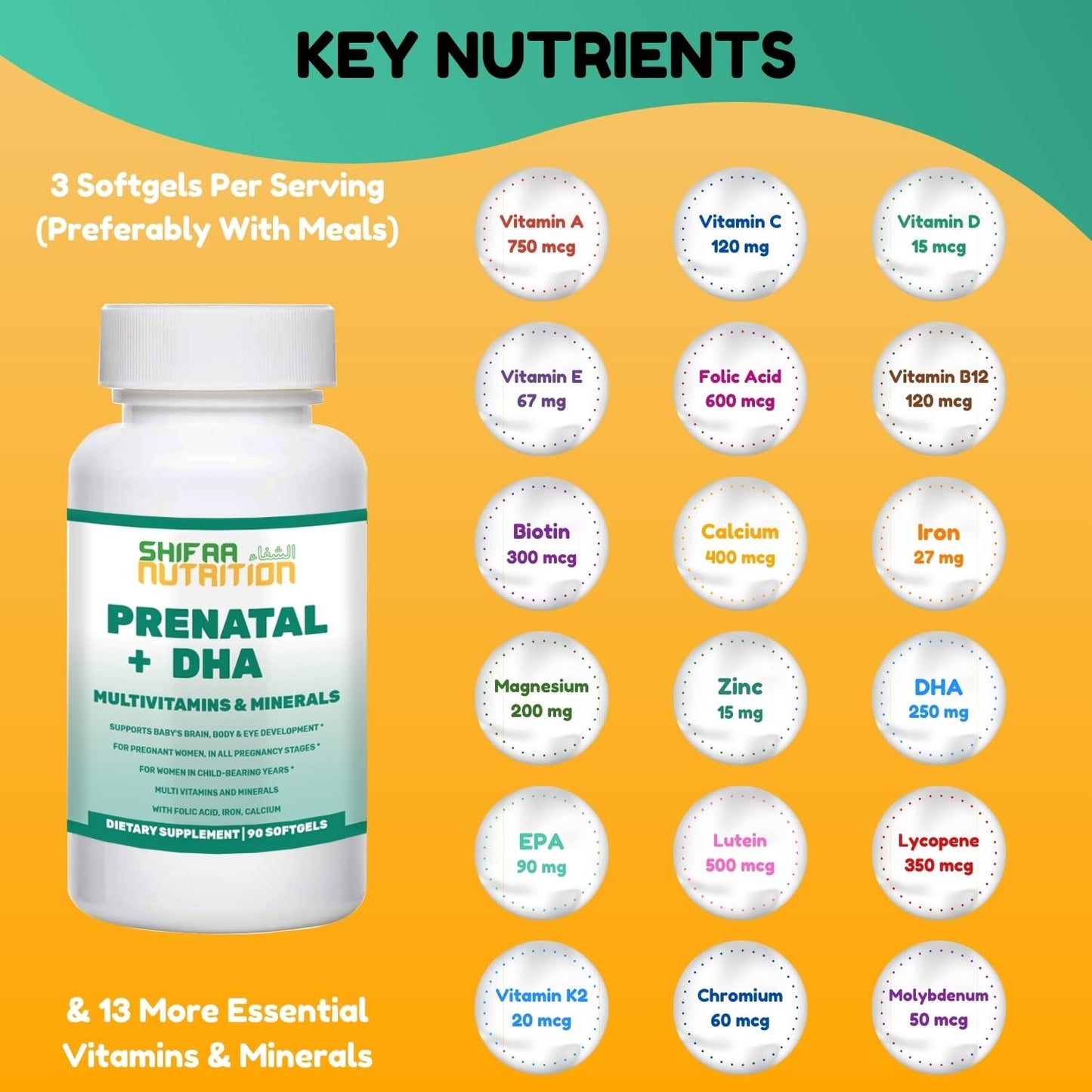 Suplemento prenatal SHIFAA NUTRITION 90 cápsulas suaves keto amigables