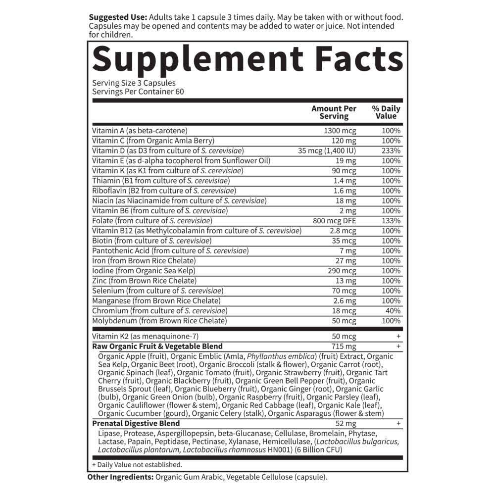 Suplemento prenatal Vitamin Code Raw con probióticos y hierro