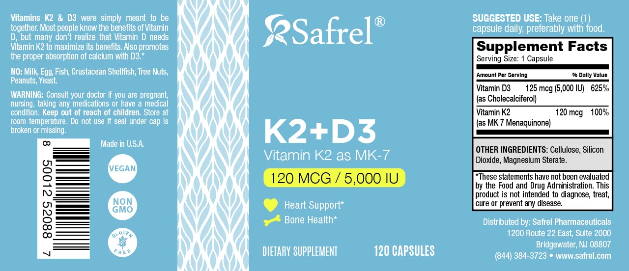 Suplemento Safrel vitamina K2 y D3 para absorción calcio