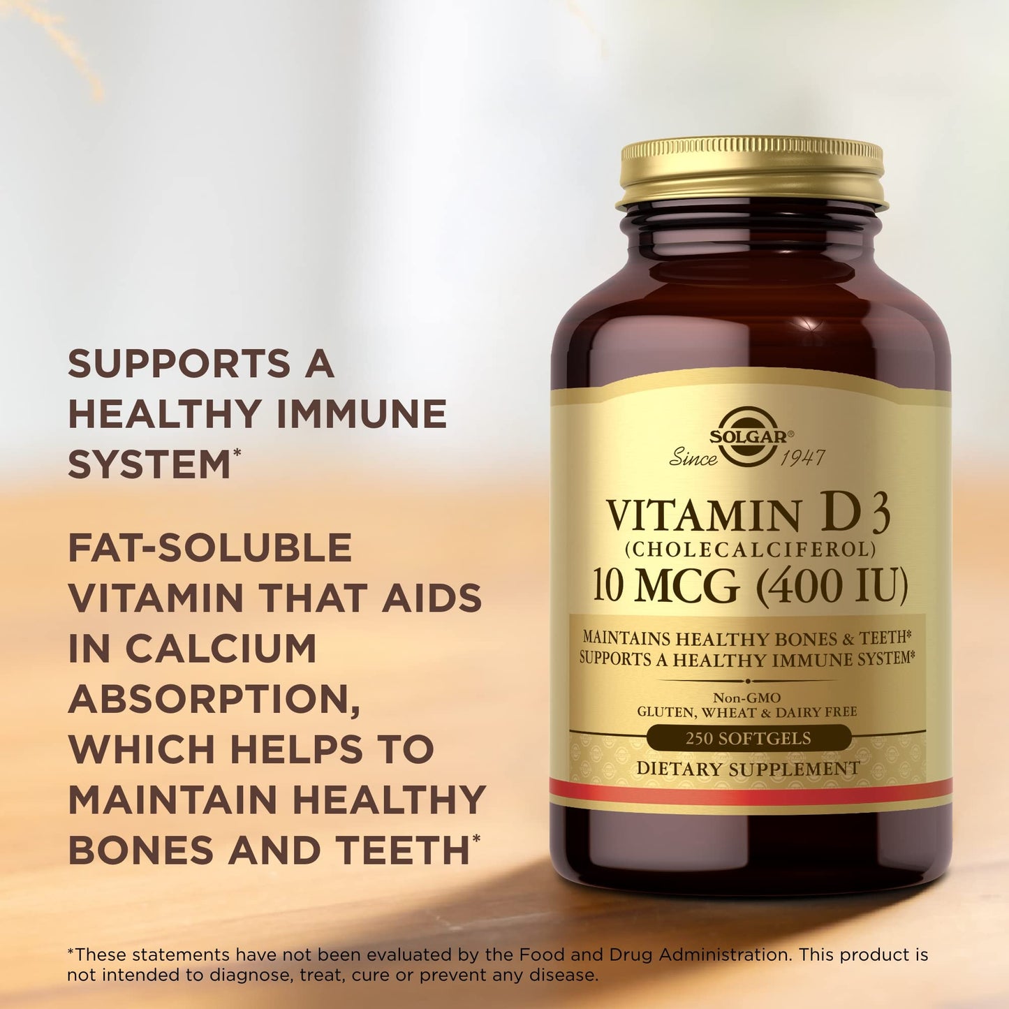 Suplemento Solgar Vitamina D3 cápsulas sin OMG y conservadores