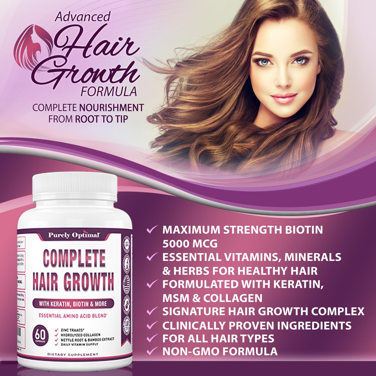 Suplemento para todo tipo de cabello Purely Optimal crecimiento sano