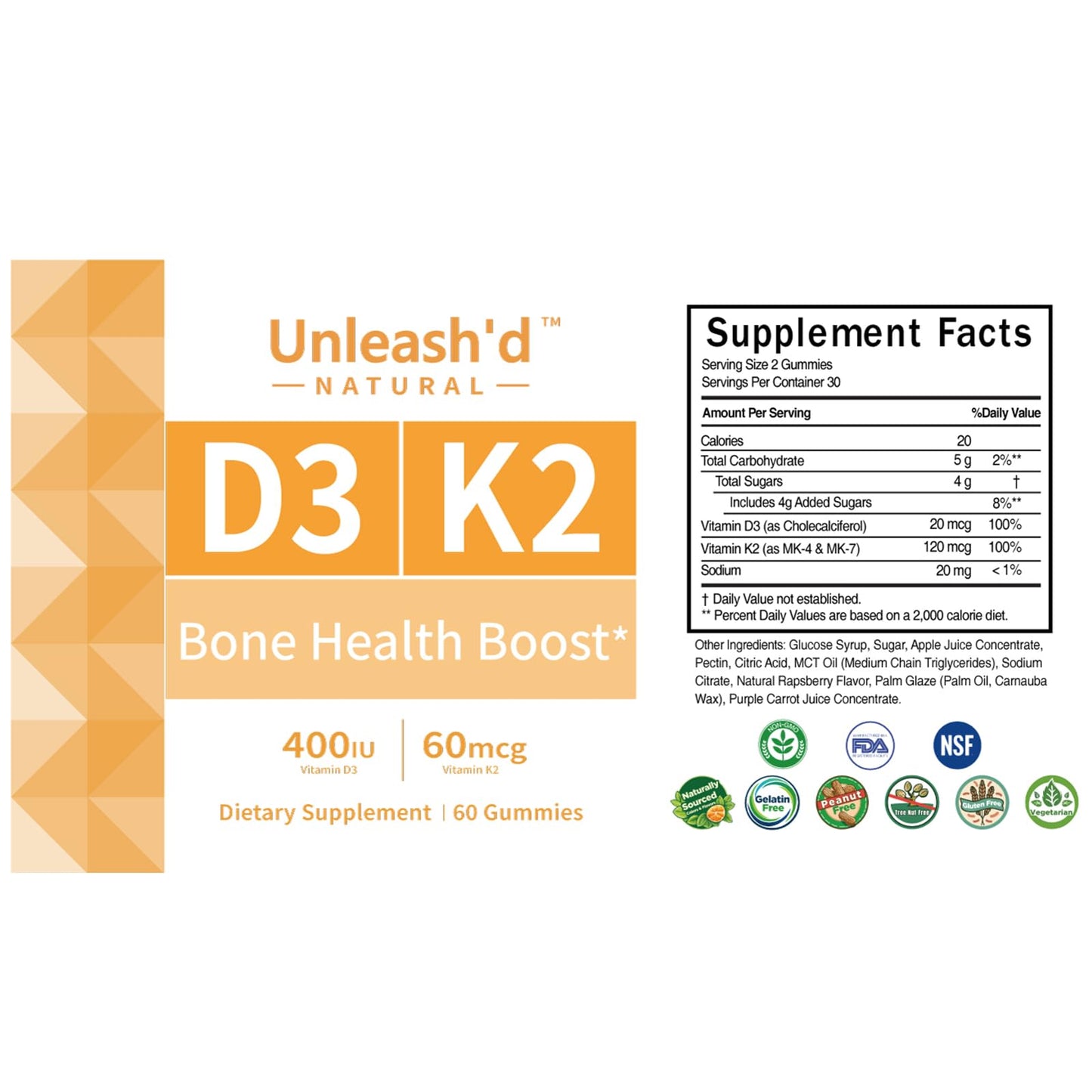 Suplemento unleash'd gomitas D3 K2 60 unidades paquete