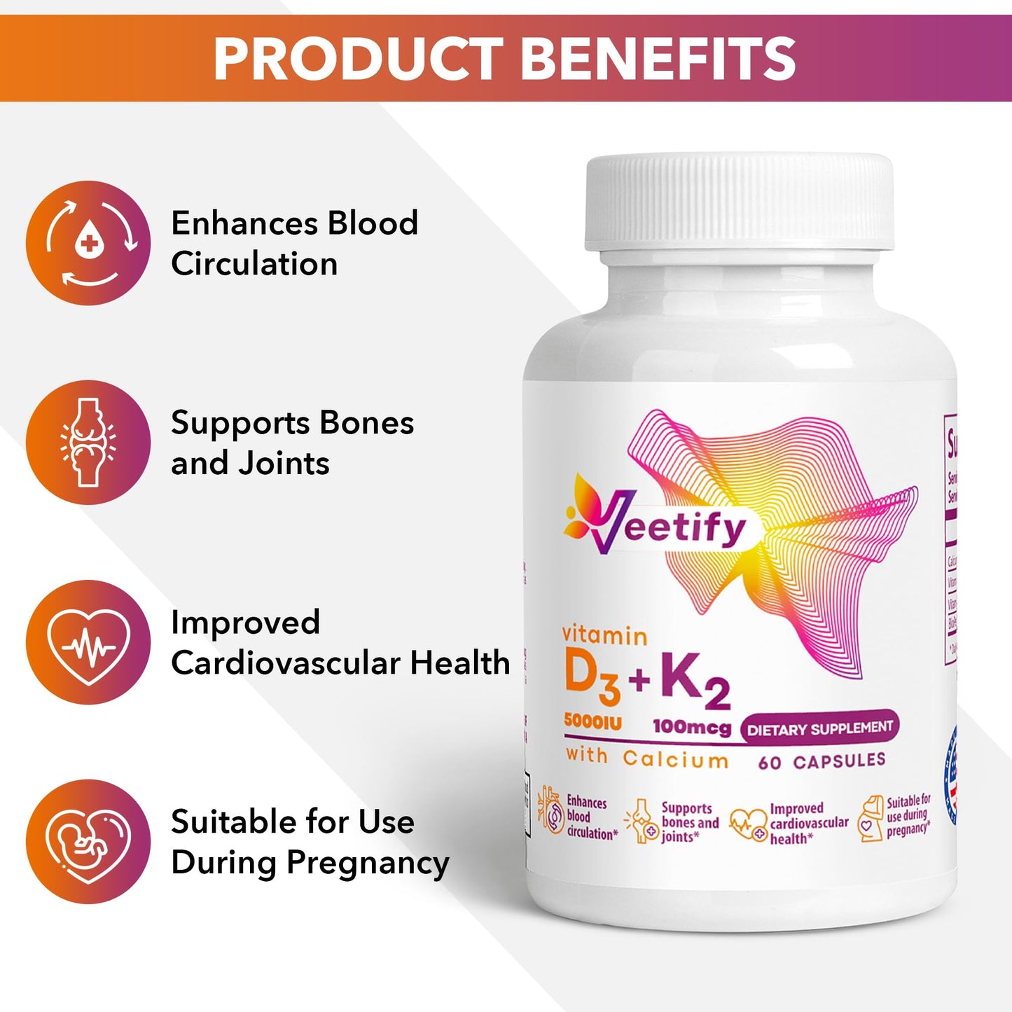 Suplemento Veetify con vitamina D3 5000 UI y K2 para fuertes huesos y articulaciones