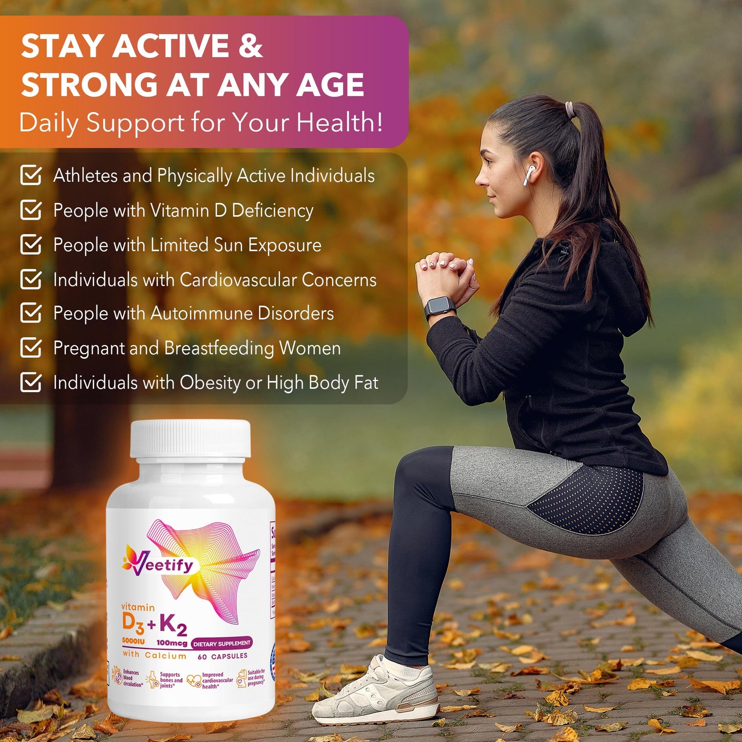 Suplemento Veetify vitaminas D3 y K2 con calcio para salud ósea y sistema inmunológico