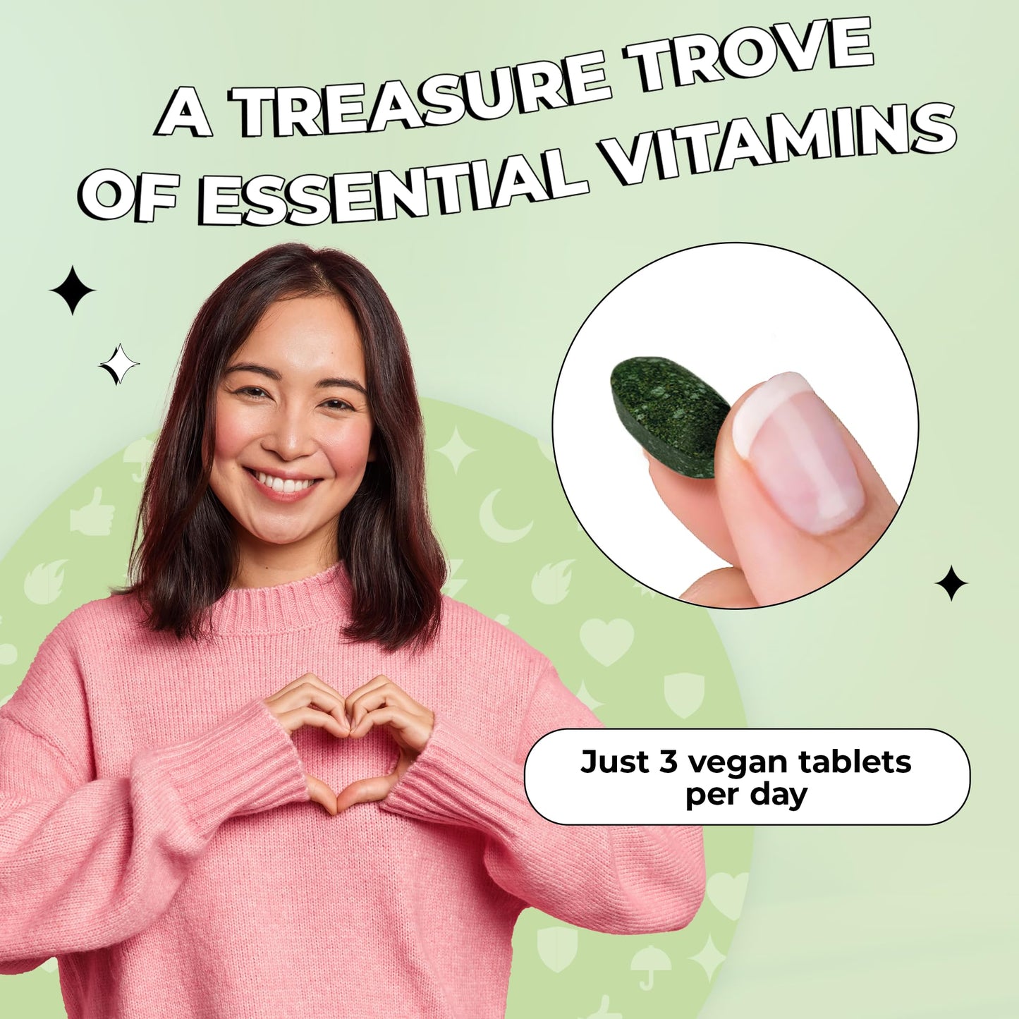 Suplemento vegano Future Kind con vitaminas esenciales en tabletas verdes.