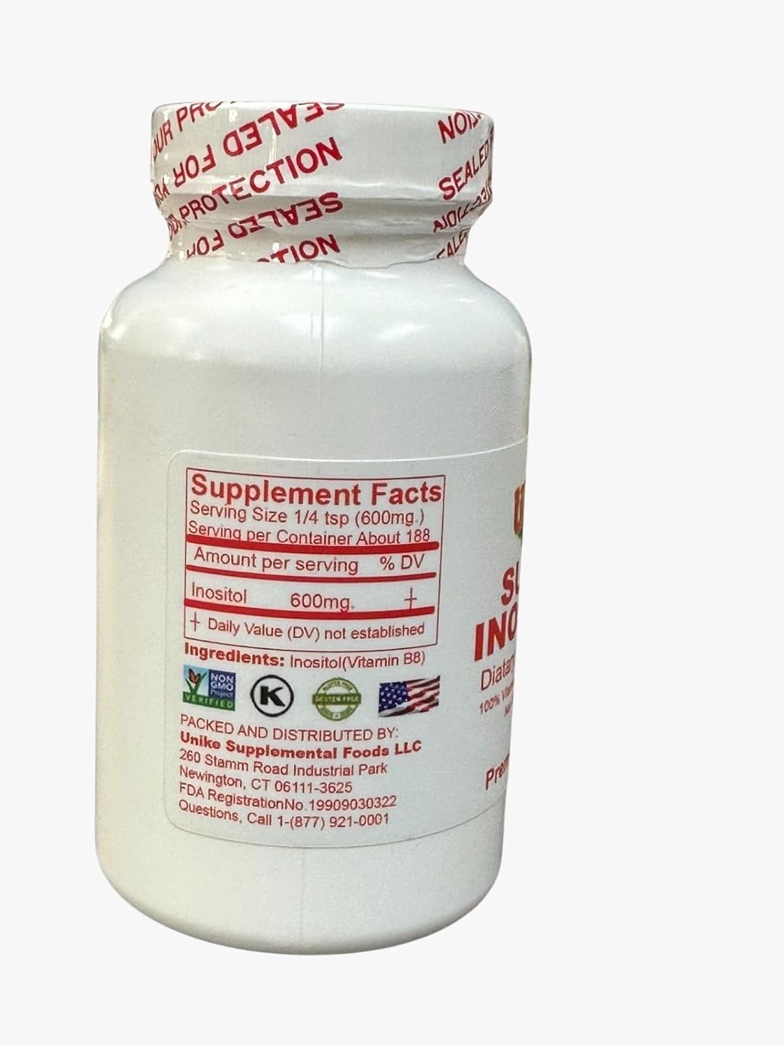 Suplemento vegano Unike Nutra Super Inositol envase y polvo