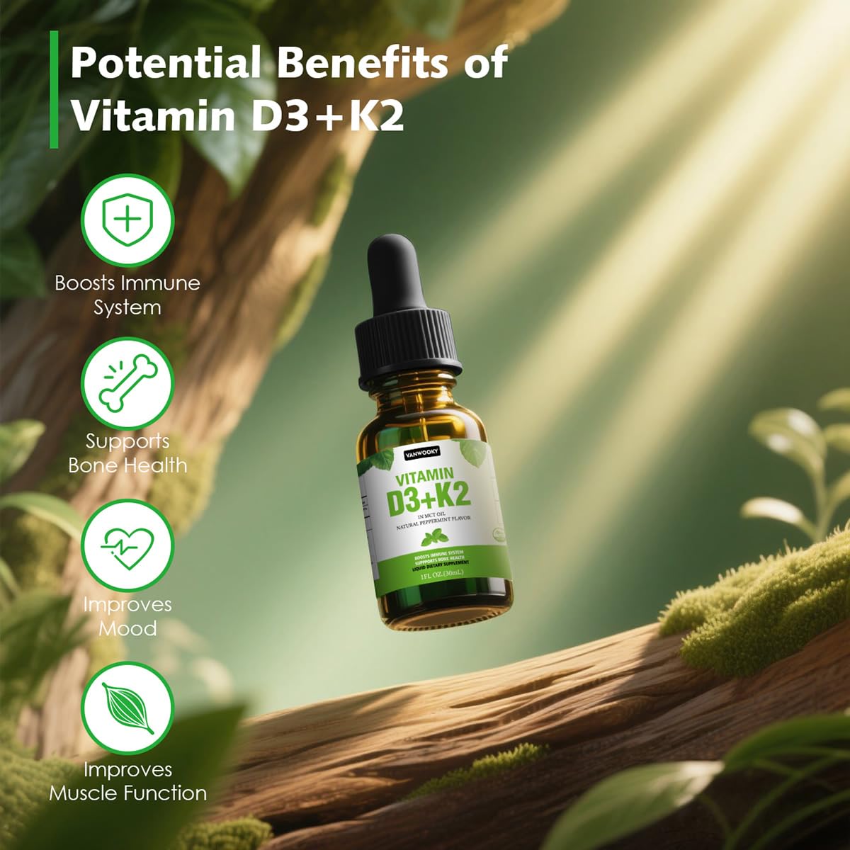 Suplemento vegano Vanwooky con Vitamina D3, K2 y sabor a menta