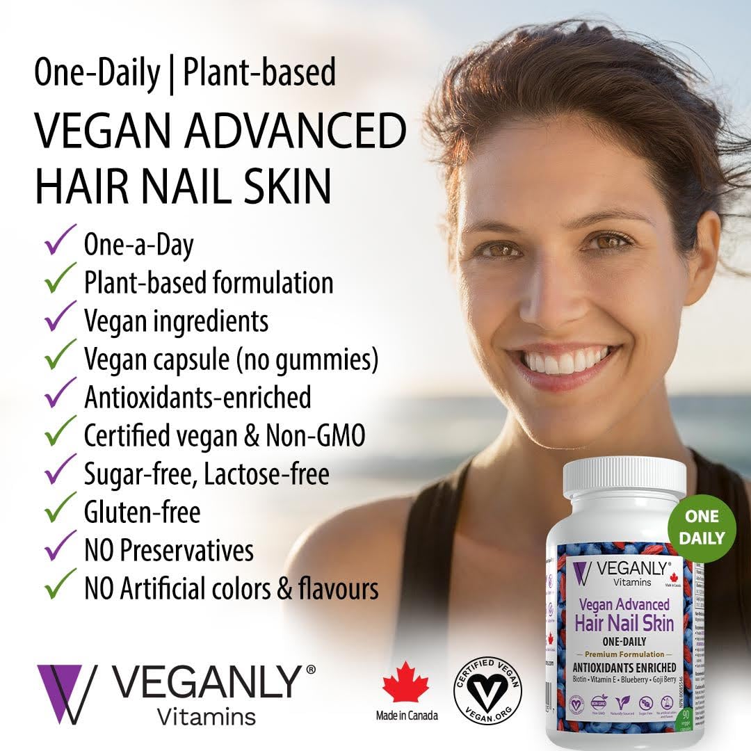 Suplemento vegano VEGANLY para mejorar la piel cabello y uñas