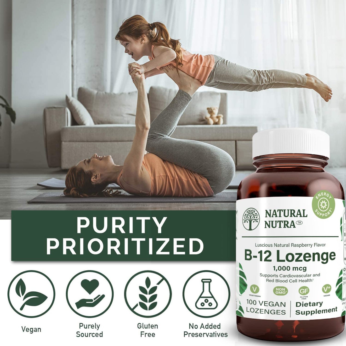 Suplemento vegano vitamina B12 Natural Nutra para energía y salud mental