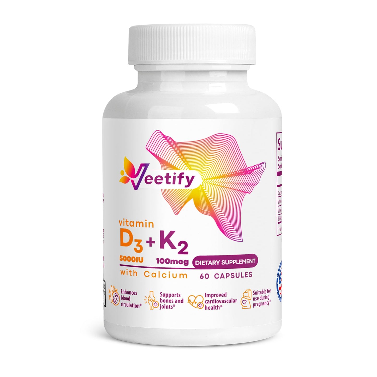 Suplemento vegetal Veetify vitamina D3 K2 y calcio para huesos fuertes