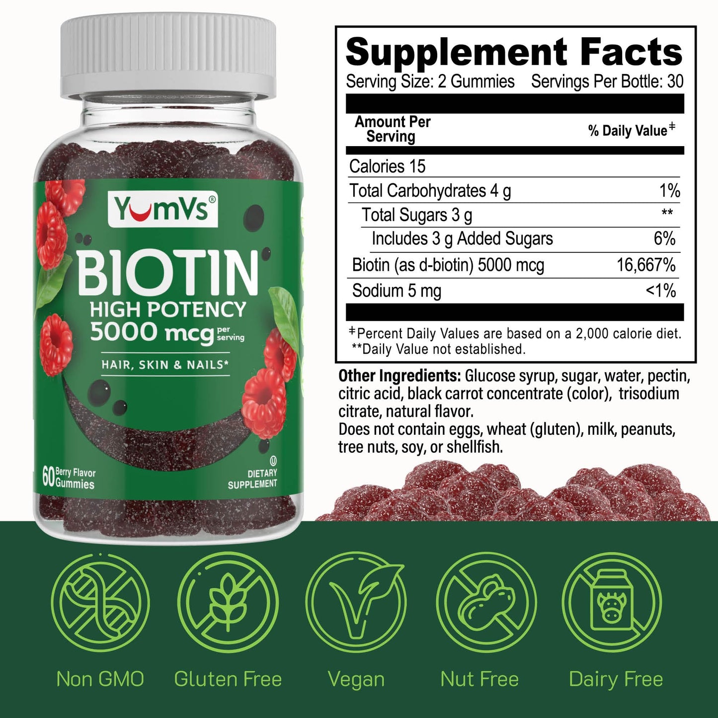 Suplemento vegetariano biotina YumVs para cabello más grueso
