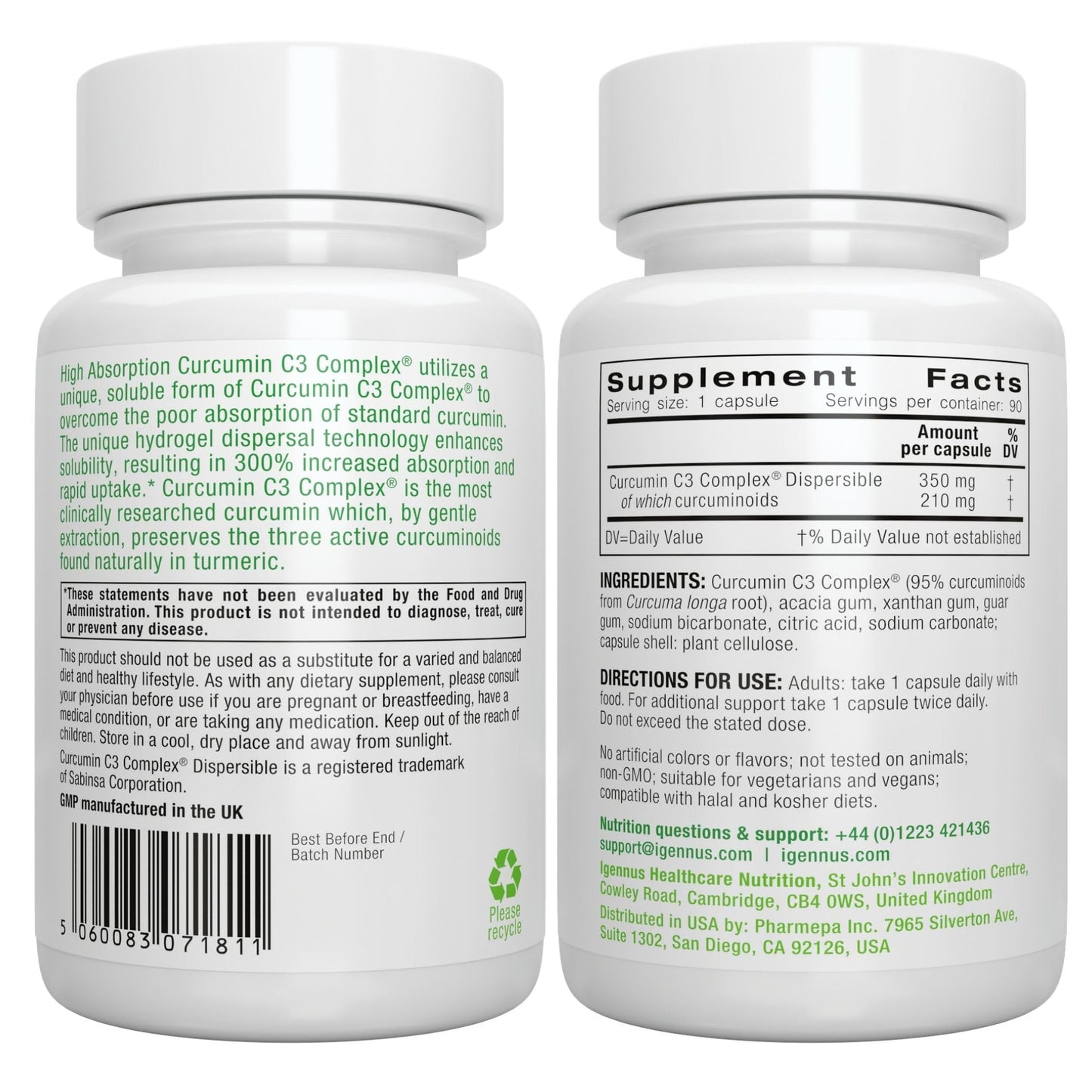 Suplemento vegetariano Igennus vitamina D3 y cúrcuma de absorción