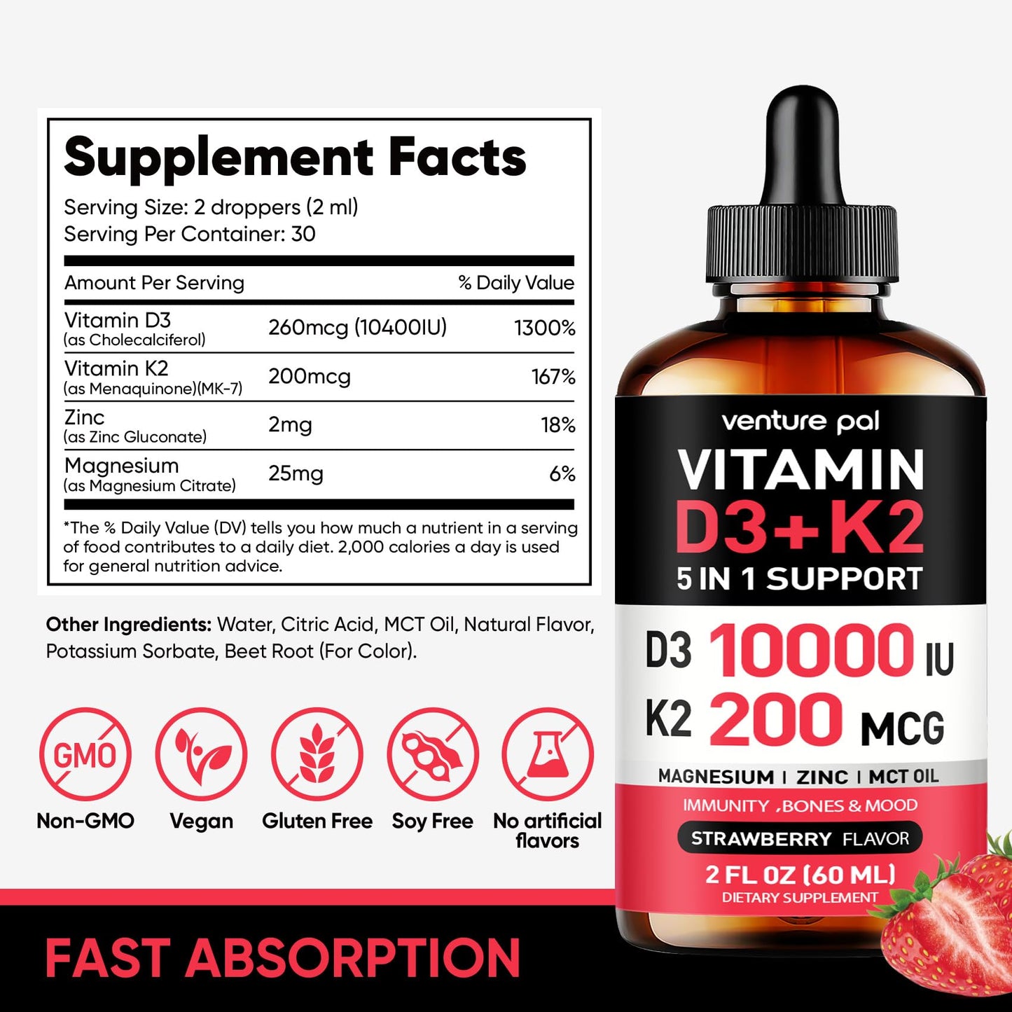 Suplemento Venture Pal vitamina D3 gotas sabor fresa 59 ml