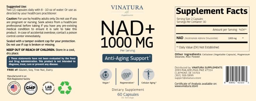 Suplemento VINATURA NAD 1000mg para anti envejecimiento