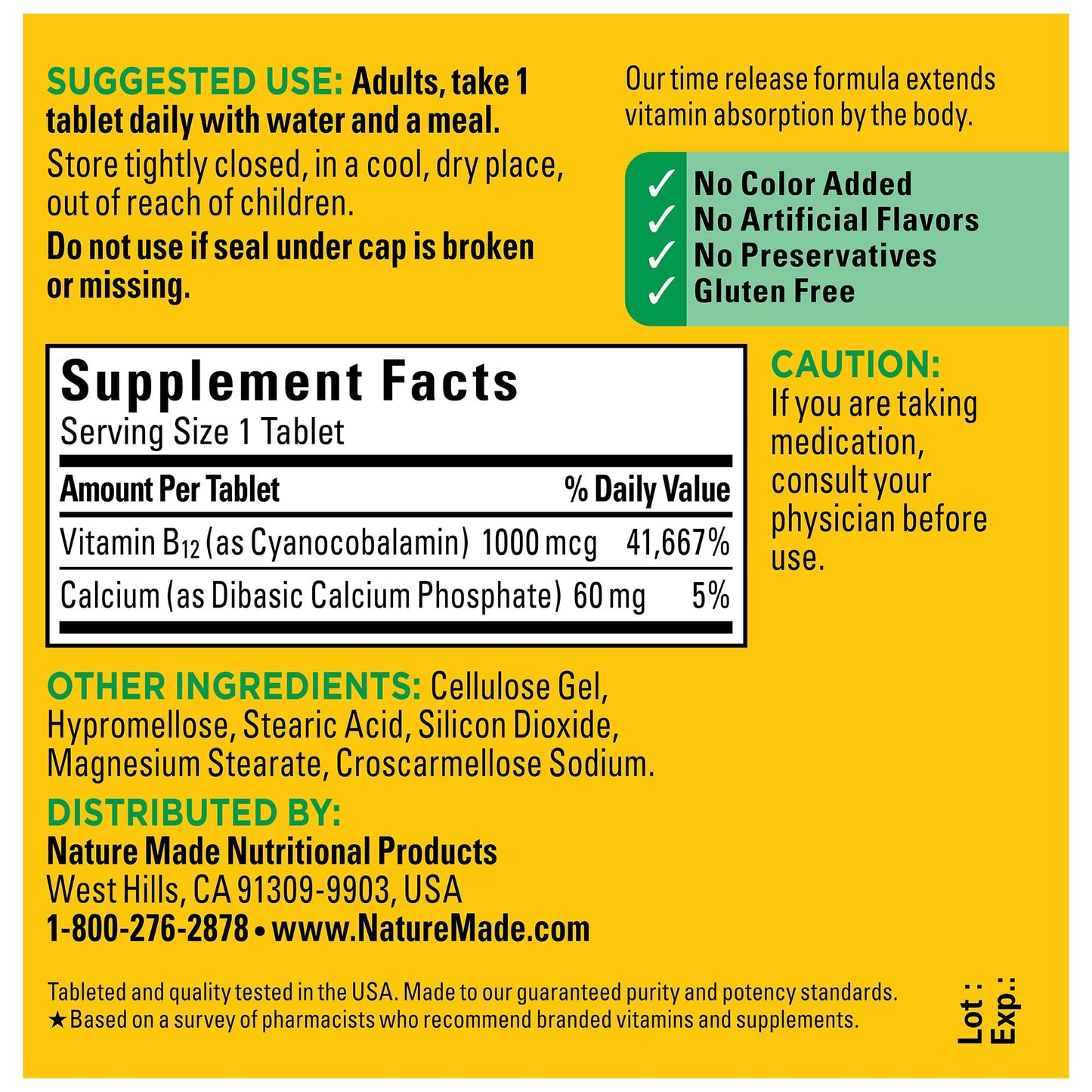 Suplemento vitamina B12 sin conservantes Nature Made