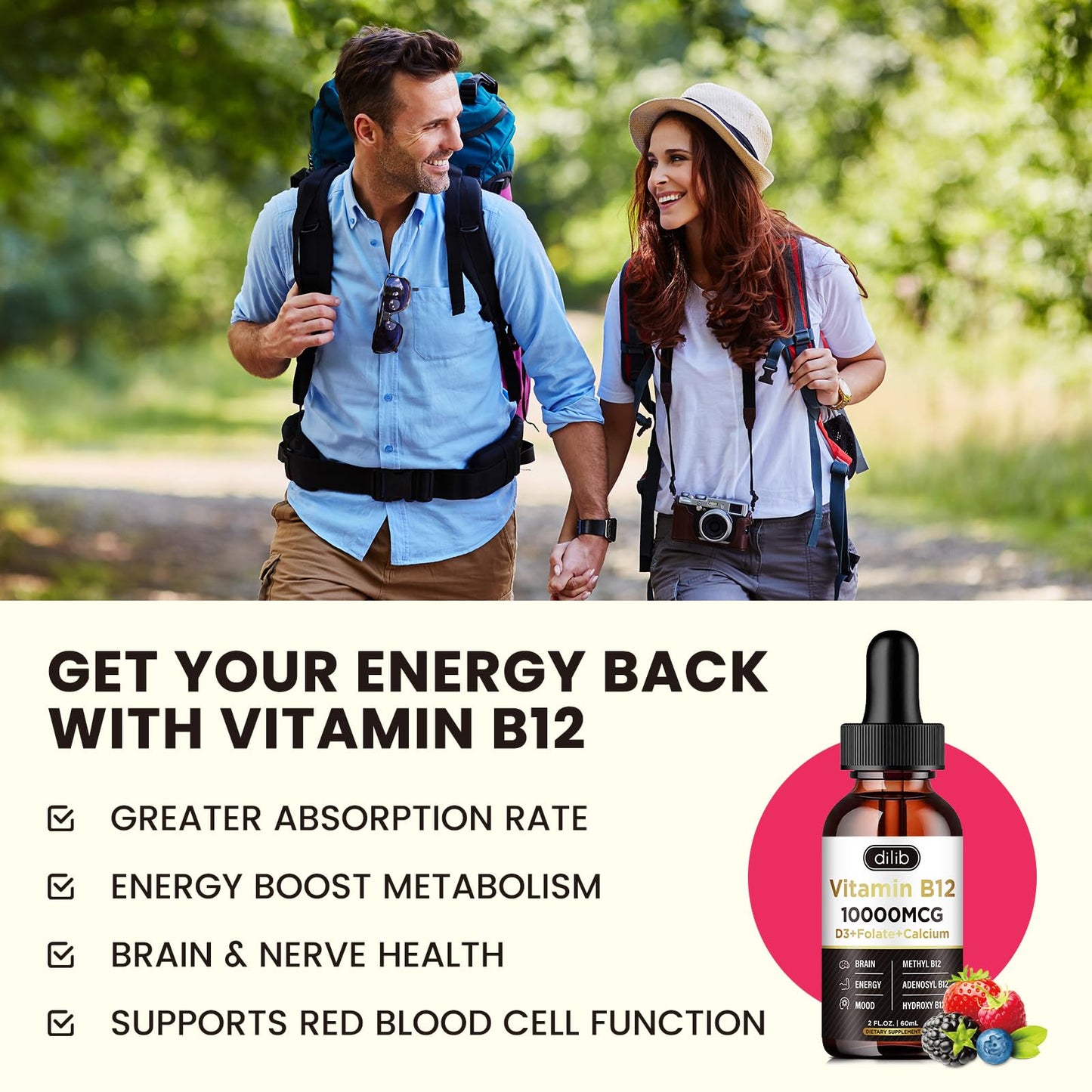 Etiqueta frontal del suplemento vitamina b12 tríple líquida 10000 mcg