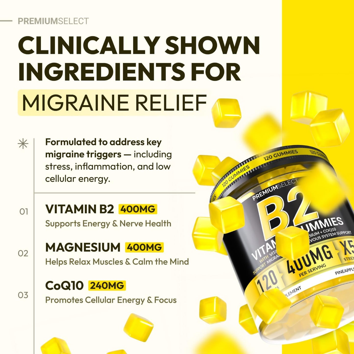 Suplemento masticable de vitamina B2 para prevención migrañas