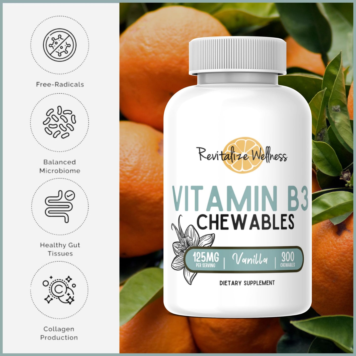 Suplemento Revitalize Wellness vitamina B3 frasco frontal