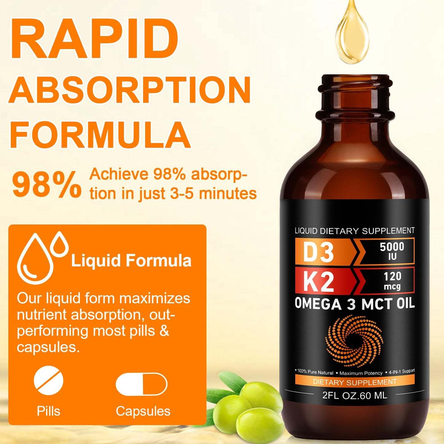 Suplemento vitamina D3 5000 IU y K2 120 mcg líquido para huesos