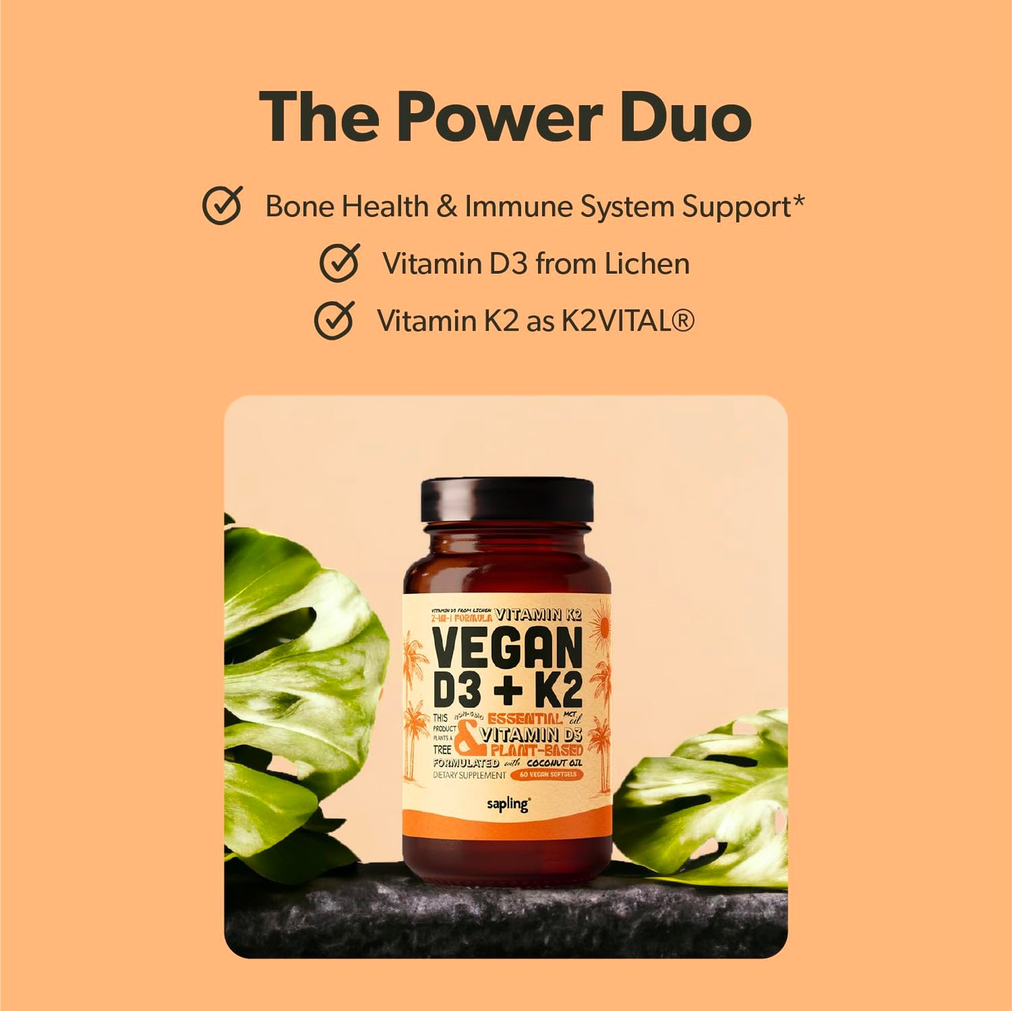 Suplemento Vitamina D3 y K2 con aceite MCT coco Sapling