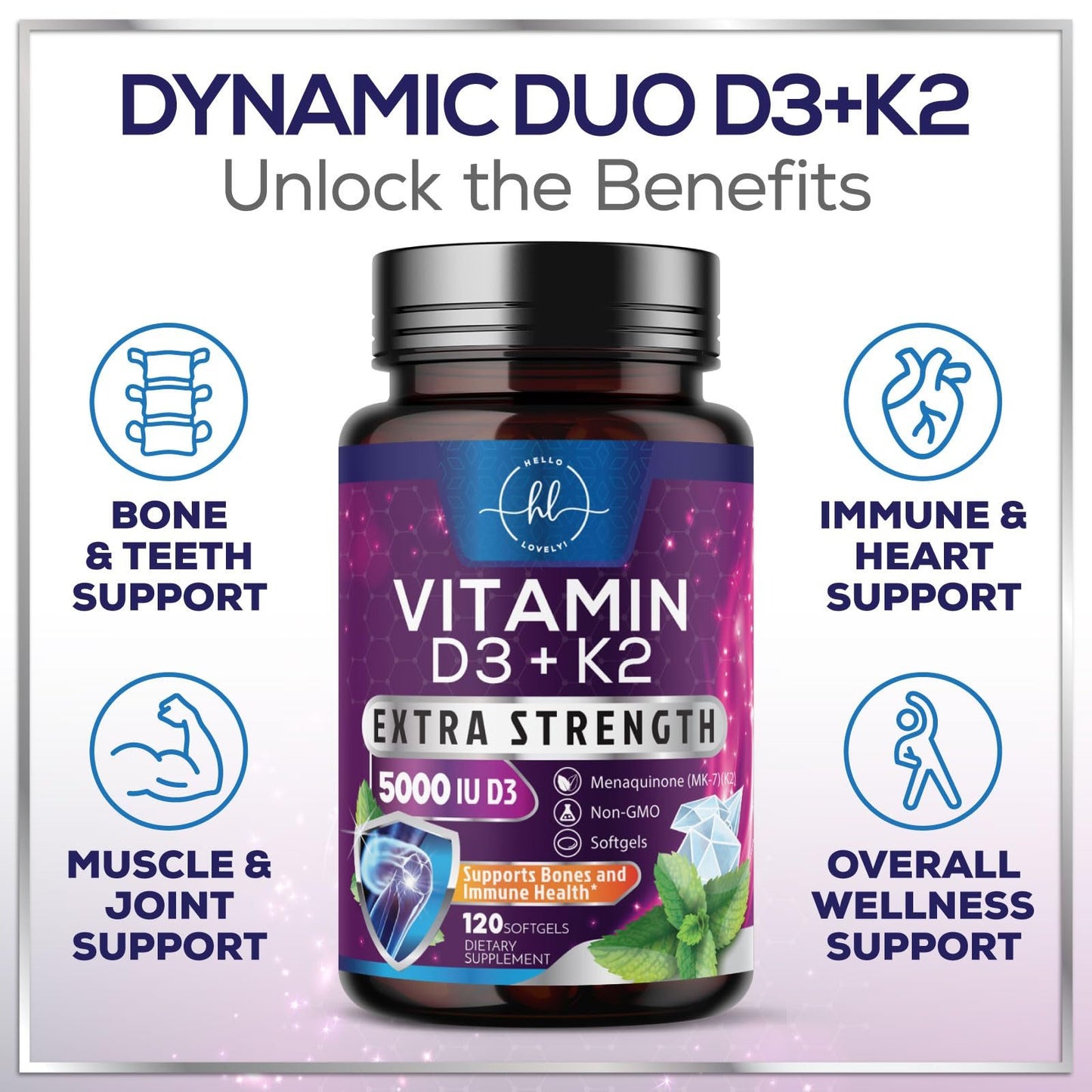 Suplemento Vitamina D3 K2 con ingredientes premium