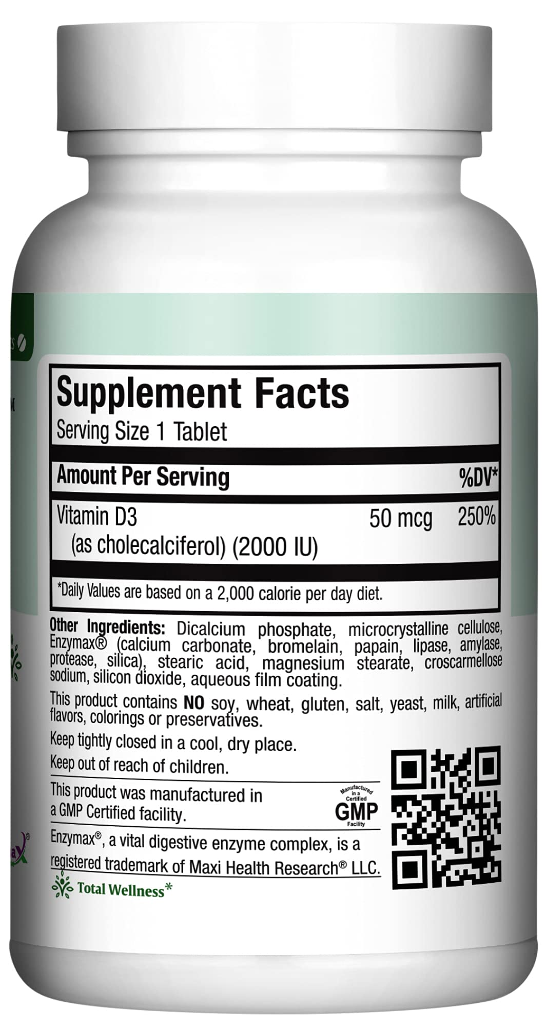 Suplemento Vitamina D3 kosher 2000 IU tabletas Maxi Health